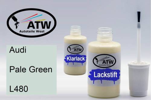 Audi, Pale Green, L480: 20ml Lackstift + 20ml Klarlack - Set, von ATW Autoteile West.